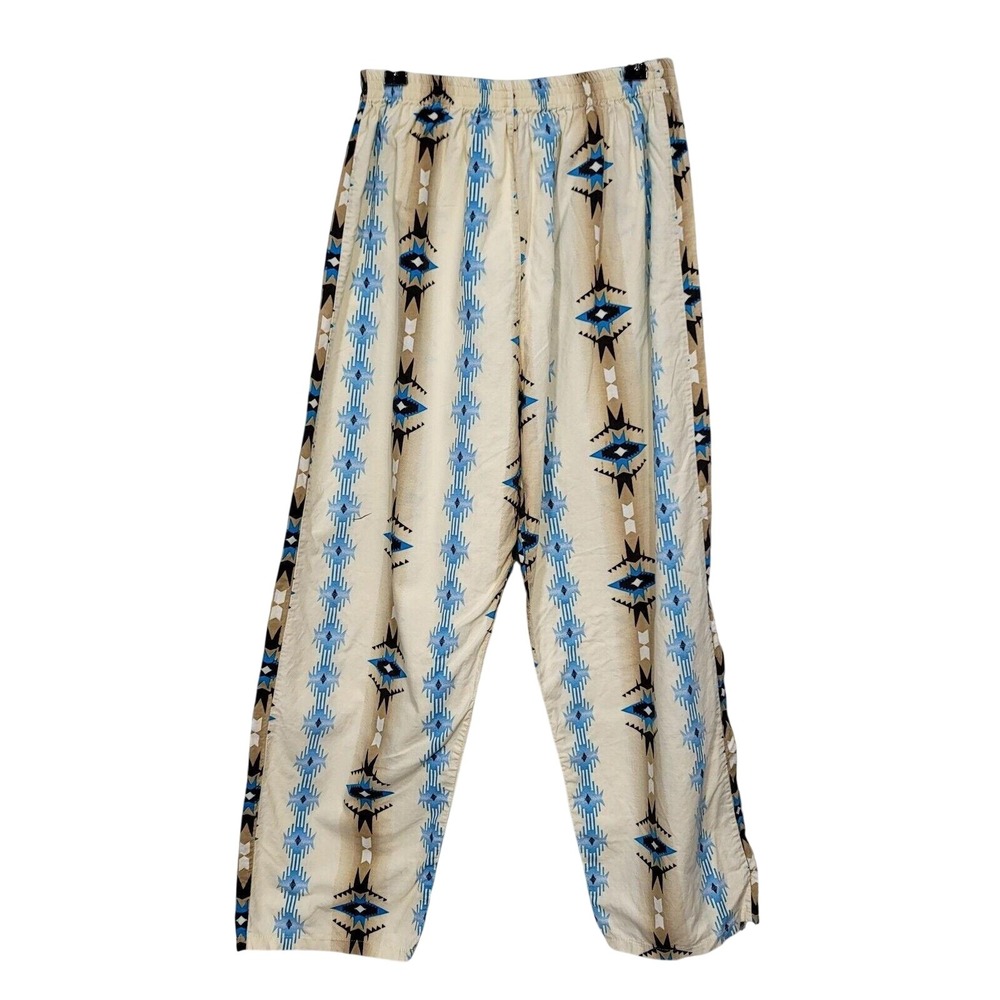 Vintage Southwestern Geometric Print Elastic Waist Wide Leg Pants Blue Cream Tan